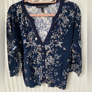 White House Black Market Blue and White Floral Cardigan